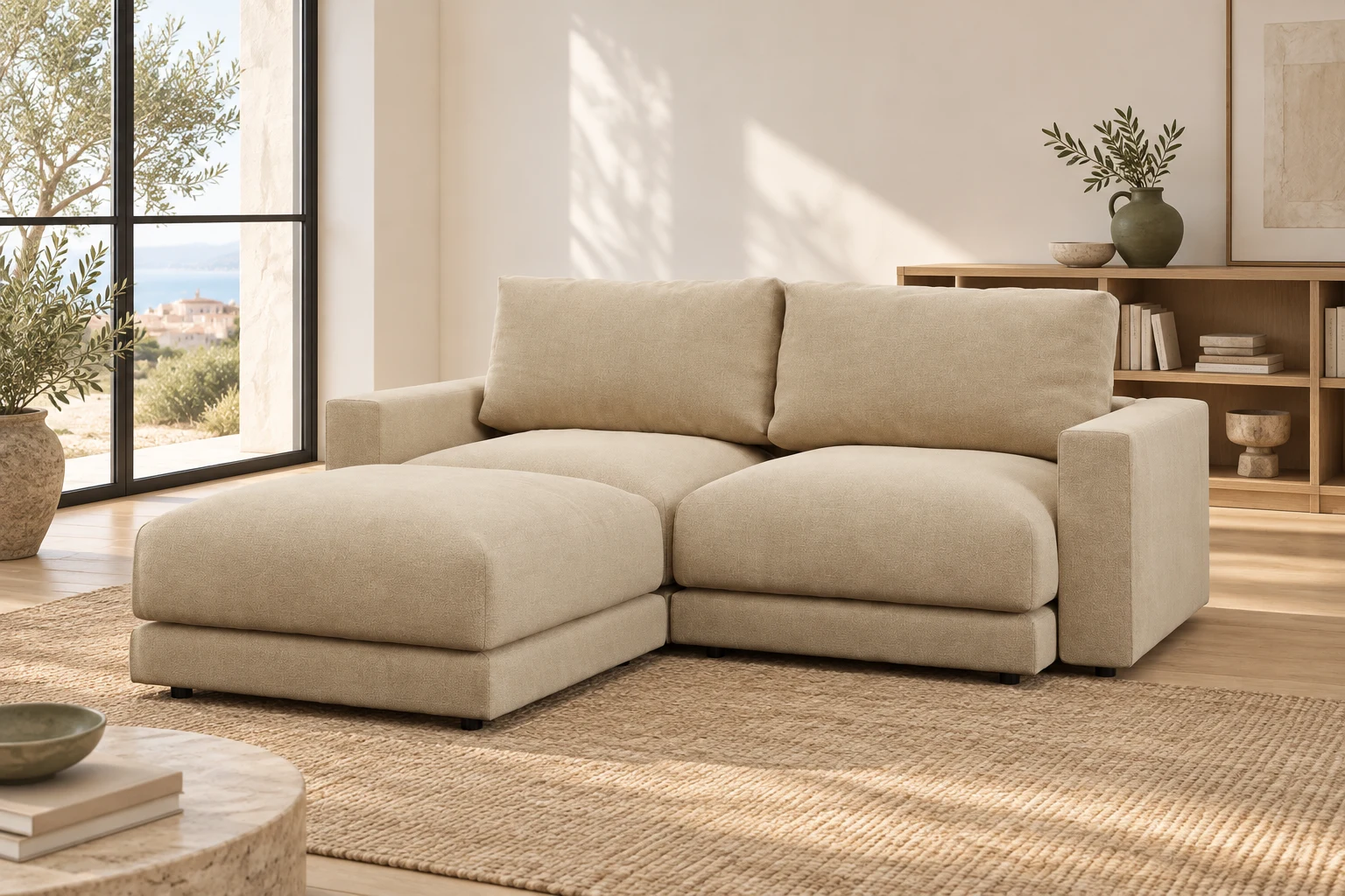 Sofá modular beige en un salón luminoso